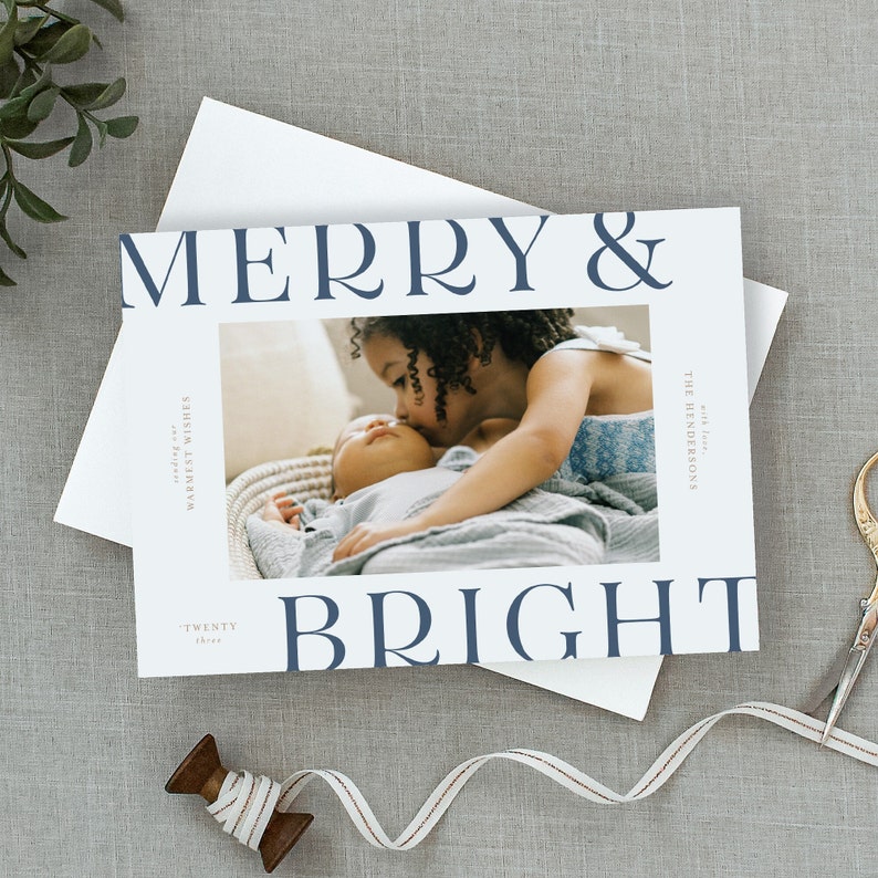 Merry & Bright Holiday Card, Christmas Photo Card, Merry Christmas, Holiday Photo Card, Modern Christmas Card, Minimal Holiday image 1