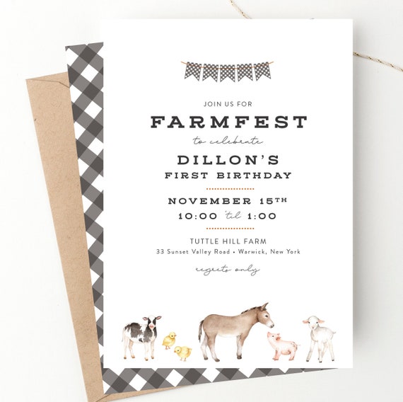 Farmfest Birthday, 1st Birthday Invitation, Farm Party, Kids Bday Invite, Buffalo Plaid, Gingham, Barnyard Bash, Farm Animals, Printable Il_570xn