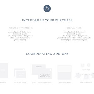 May include: A graphic showing the items included in a wedding invitation purchase. The graphic shows a printed invitation, digital files, signage, thank you notes, guest and return addressing, envelope liners, favor tags, and custom banners.