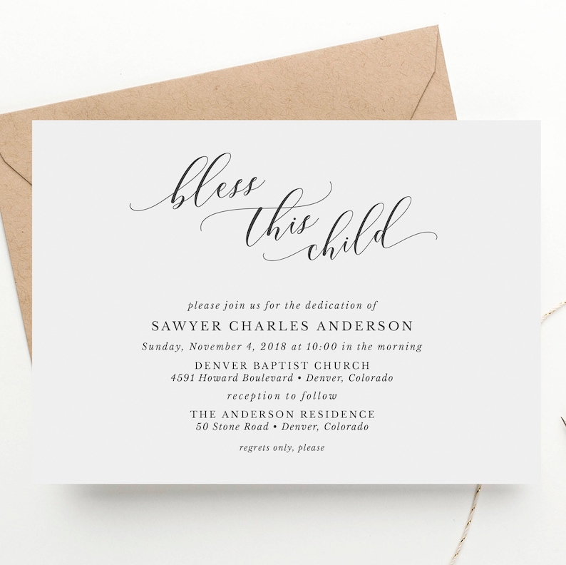 May include: A white card with black text announcing a baby dedication ceremony for Sawyer Charles Anderson. The ceremony will be held at Denver Baptist Church on November 4, 2018 at 10:00 am, followed by a reception at The Anderson Residence.
