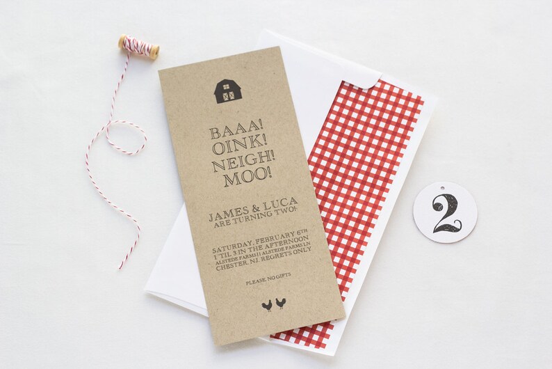 Barnyard Bash Birthday Invitation Farm Animals Kids Barn Party Kraft Paper Rustic Country Gingham Invite Baa Oink Neigh Moo 2nd Birthday