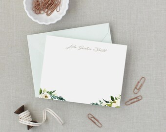 White Floral Stationery Set, Personalized Notecard, Bridal Shower, Watercolor Floral Thank You, Adult Stationery, Calligraphy Stationery