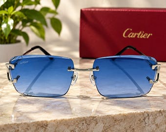 Vintage Cartier C Wire Blue Lens Sunglasses, Silver Rimless Eyewear (CT920)