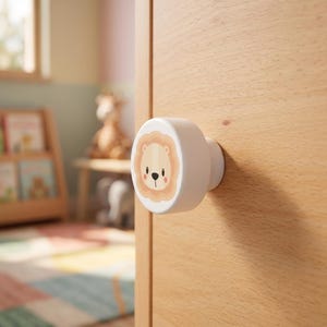May include: A round, white wooden cabinet knob featuring a printed illustration of a lion face with a tan mane, small black eyes, a black nose, and pink cheeks, mounted on a light-colored wooden door surface with a visible natural wood grain.