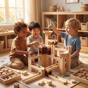 May include: A wooden marble run construction set featuring interlocking blocks, tracks, and funnels. The structure is built with light and dark wood pieces, with several glass marbles rolling along the tracks. Two wooden trays filled with extra blocks sit nearby.