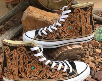 Womens size 10 tooled leather cactus and floral high top Converse