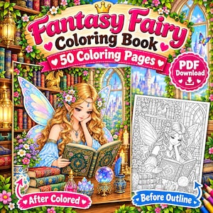 May include: A digital coloring book titled Fantasy Fairy Coloring Book with 50 Coloring Pages. The cover features a fairy with long blonde hair and wings reading a book in a library, with a black and white outline version shown beside it.
