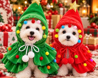 Pet Christmas Costume, Christmas Tree Cape with Hood, Cute Pet Holiday Outfit, Xmas Clothes for Small Dogs Cats, Christmas Photo Prop
