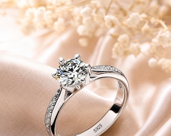 Anillo solitario de plata de ley 925, anillo de circonita cúbica para mujer, anillo de compromiso de imitación de diamante, anillo de promesa, regalo para mujer.