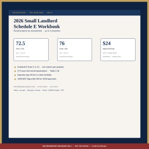 May include: A 2026 Small Landlord Schedule E Workbook digital spreadsheet for up to 4 properties. The document features tax year 2026 details, mileage rates of 72.5 and 76 cents per mile, and notes on depreciation, 1099-NEC flags, and recordkeeping.