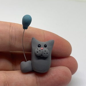 Grey Cat with a BlueBalloon, Polymer clay Grey Cat, Tiny Cat Figurine