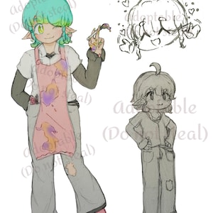 May include: A digital character illustration featuring a figure with teal hair, pointed ears, and yellow eyes. The character wears a white shirt, gray pants, and a pink apron with paint splatters, holding a paintbrush. Includes a sketch version.