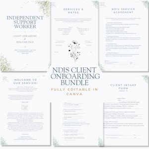 Könnte beinhalten: Eine NDIS-Kunden-Onboarding-Paketvorlage mit mehreren Textdokumentseiten, darunter eine Dienstleistungsvereinbarung, ein Aufnahmeformular und ein Willkommenspaket. Die Seiten haben einen weißen Hintergrund mit grünen Blumenakzenten.