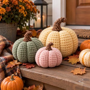 Virkade pumpatriomönster PDF | Små, mellanstora, stora amigurumipumpor | Mönster för höstdekorationer till Halloween