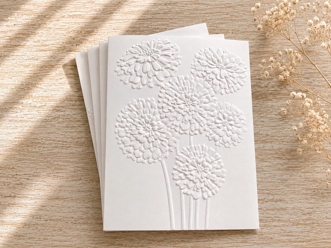 Embossed Floral Greeting Card Set: Blank White Cards, Zinnia Design ...