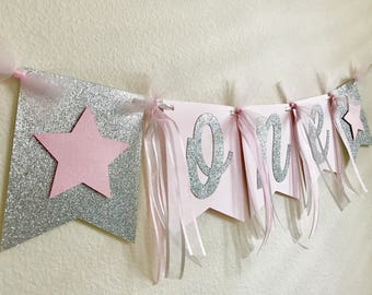 Twinkle Star First Birthday High Chair Banner: Pink & Silver