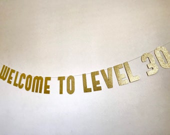 Welcome to Level 30 Banner: Glitter Birthday Party Decoration, Funny Birthday Banner, Gamer Birthday Banner