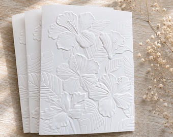 Juego de tarjetas de notas con relieve de hibisco: Interior en blanco, cartulina gruesa, tarjetas de hibisco.
