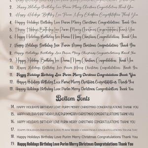 May include: A font selection chart featuring Greeting Fonts numbered 1 through 13 in various script styles and Bottom Fonts numbered 14 through 21 in diverse sans-serif and display typefaces. Each line displays the phrases Happy Holidays, Birthday, Love, Purim, Merry Christmas, Congratulations, and Thank You.