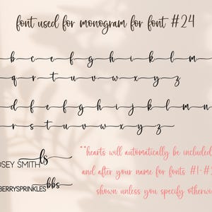 May include: A digital font chart displaying the lowercase alphabet in a cursive script labeled font #24. The image includes the text LYNDSEY SMITH ls, BLUEBERRYSPRINKLES bbs, and a note stating hearts will automatically be included for fonts #1-#23.