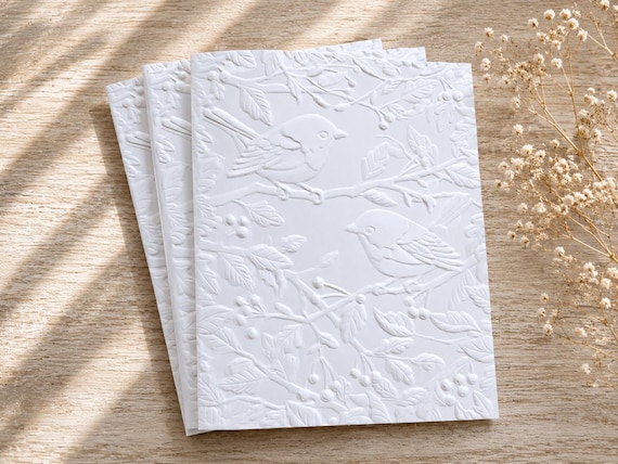 Embossed Bird Greeting Card Set: Blank Inside, White Card Stock, Birds 2