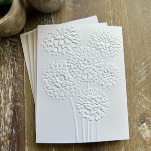 Embossed Floral Greeting Card Set: Blank White Cards, Zinnia Design, Zinnias Cards