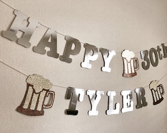 Personalized Beer Mug Birthday Banner: Glitter Cardstock Party Decor