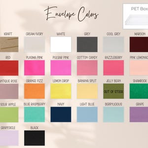 May include: A color chart titled Envelope Colors displaying twenty-five rectangular swatches in various shades including kraft, white, grey, maroon, red, pink, orange, yellow, green, blue, purple, and black, with one labeled Jelly Bean as out of stock.