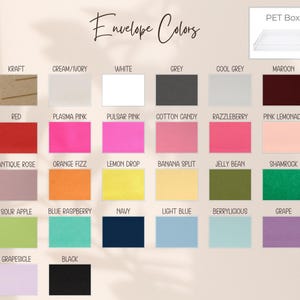 May include: A color chart titled Envelope Colors displaying twenty-six rectangular swatches in various shades including kraft, white, grey, maroon, red, pink, orange, yellow, green, blue, purple, and black, with a small inset showing a clear PET box.