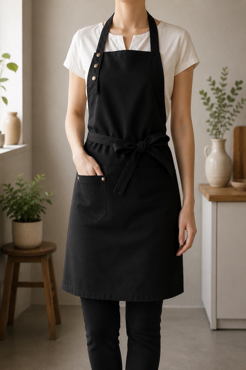 May include: A solid black apron featuring a neck strap, a waist tie, and a single front pocket. The apron includes metallic hardware details on the shoulder strap and pocket corner, providing a functional design for kitchen or utility use.