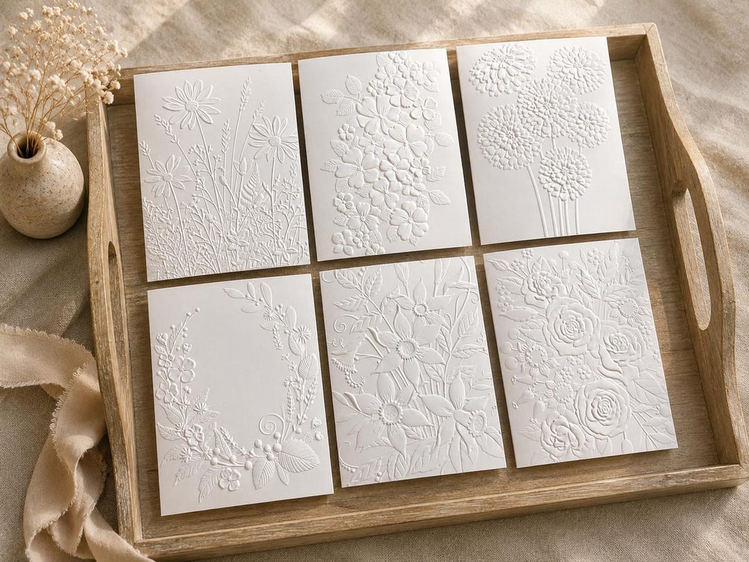 Embossed Floral Greeting Cards Set: Blank Inside, Heavy White Card ...