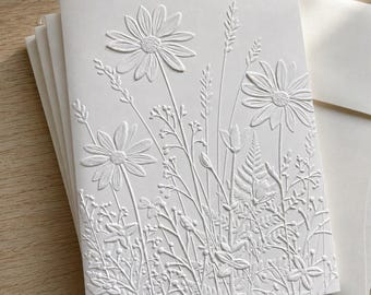 Embossed Wildflower Greeting Card Set: Blank Inside, White Card Stock, Wild Flowers