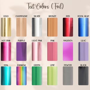 Puede incluir: Imagen que muestra una variedad de colores de texto en l&aacute;mina, incluyendo oro, plata y negro. Los colores se muestran en bloques rectangulares, con el nombre de cada color encima. El texto "Text Colors (Foil)" est&aacute; en la parte superior.