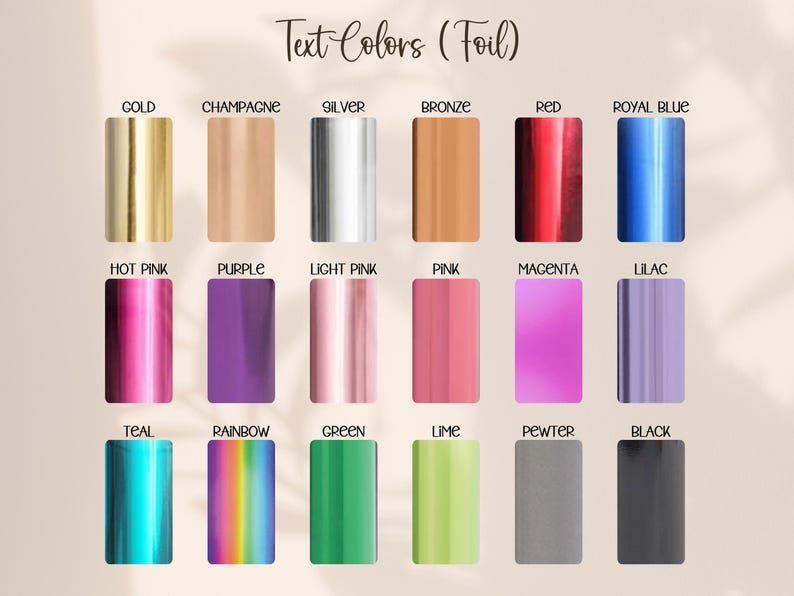 Puede incluir: Imagen que muestra una variedad de colores de texto en l&aacute;mina, incluyendo oro, plata y negro. Los colores se muestran en bloques rectangulares, con el nombre de cada color encima. El texto "Text Colors (Foil)" est&aacute; en la parte superior.
