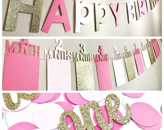 First Birthday Party Decorations, Gold and Pink First Birthday, First Birthday Party In a Box, First Birthday, First Birthday bunting