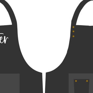 May include: Two black aprons featuring a neck loop and a front pocket with two brass-colored rivets on each side. The left apron displays the white text center, while the right apron displays the white text top corner on the upper chest area.