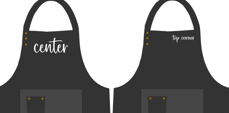 May include: Two black aprons featuring a neck loop and a front pocket with two brass-colored rivets on each side. The left apron displays the white text center, while the right apron displays the white text top corner on the upper chest area.