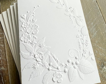 Embossed Floral Greeting Card Set: Blank Inside, White Card Stock, Blossom Wreath