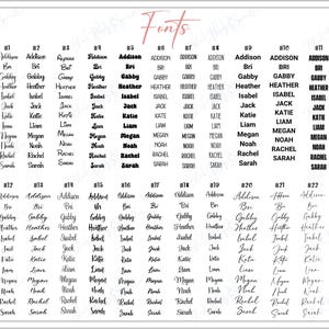 May include: A font selection chart displaying twenty-two numbered columns of black text on a white background. Each column lists the same eleven names: Addison, Bri, Gabby, Heather, Isabel, Jack, Katie, Liam, Megan, Noah, Rachel, and Sarah.