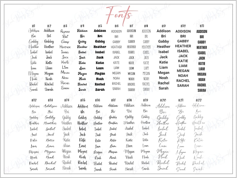 May include: A font selection chart displaying twenty-two numbered columns of black text on a white background. Each column lists the same eleven names: Addison, Bri, Gabby, Heather, Isabel, Jack, Katie, Liam, Megan, Noah, Rachel, and Sarah.
