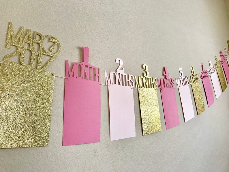 First Birthday Photo Banner, First Birthday Banner, 1st Year Photo Banner, One Year Photo Banner, Monthly Photo Banner, Pink & Gold Birthday image 3