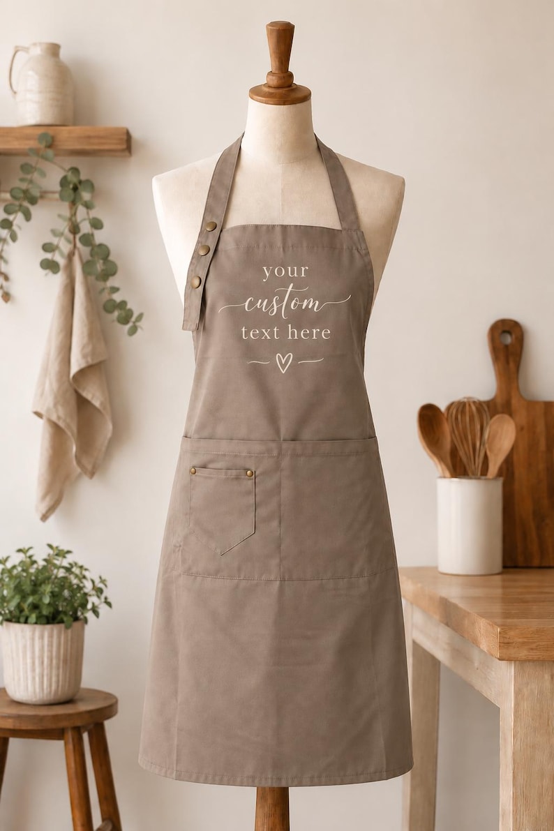May include: A taupe apron featuring a front pocket and adjustable neck strap with three brass-colored buttons. The chest area displays the white text "your custom text here" above a small heart symbol and two horizontal lines, centered on the fabric.