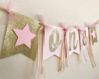 Pink & Gold "ONE" High Chair Banner: First Birthday Decor