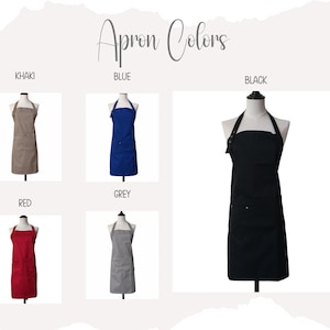 May include: A collection of five aprons displayed on mannequins, labeled Apron Colors. The available colors are khaki, blue, black, red, and grey. Each apron features a neck strap, a bib, and a front pocket. The black apron is shown in a larger size.