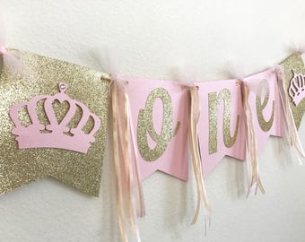 First Birthday High Chair Banner: Pink & Gold Crown "ONE"