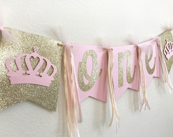 Princess First Birthday High Chair Banner: Gold Glitter "ONE" Bunting