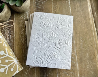 Embossed Floral Greeting Cards Set: Blank White Card Stock, Roses