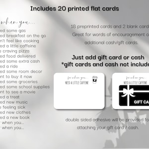Op de afbeelding: Een set van 20 bedrukte platte kaarten met een lijst van 20 scenario's voor het geven van cadeaus. De set bevat 18 voorgedrukte kaarten en 2 blanco kaarten. Elke kaart bevat de tekst for when you... en een icoon van een koffiekopje.