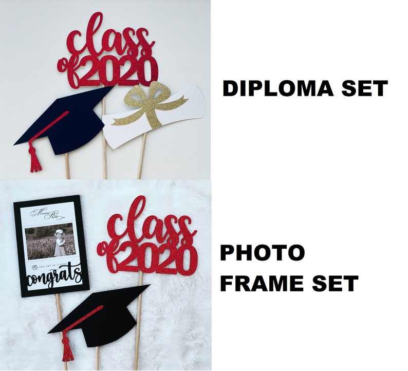 May include: Graduation-themed decorations, including a red glitter "Class of 2020" topper, a black graduation cap with a red tassel, and a diploma with a gold bow. A photo frame set is also included.