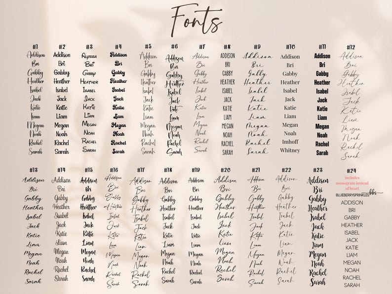 May include: A font selection chart displaying twenty-four distinct typography styles labeled #1 through #24. Each column lists names like Addison, Bri, and Gabby in black text against a light beige background. The header reads Fonts in script.